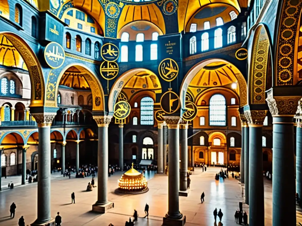 Hagia Sophia: Esplendor ancestral en detalle Esplendor y detalle de la arquitectura de Hagia Sophia: cúpula, mosaicos, columnas y juego de luz y sombra en la antigua estructura