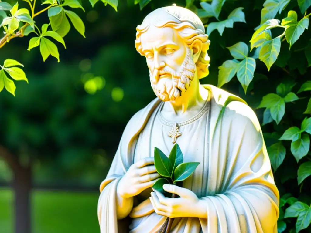 Estátua de filósofo renacentista entre vegetación exuberante y arquitectura exterior renacentista