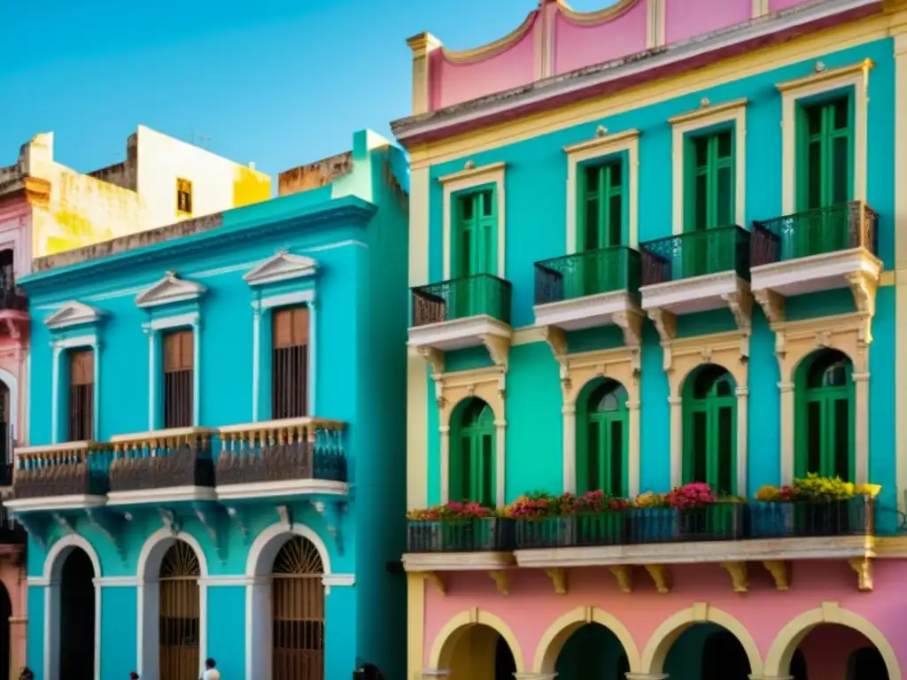 Una fotografía de alta resolución con estilo vintage de las icónicas y coloridas edificaciones coloniales en las calles empedradas de La Habana Vieja