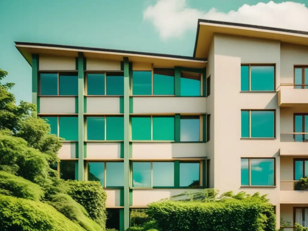 Una fotografía de alta resolución con un estilo vintage del exterior de un edificio residencial deconstructivista enmarcado por exuberante vegetación