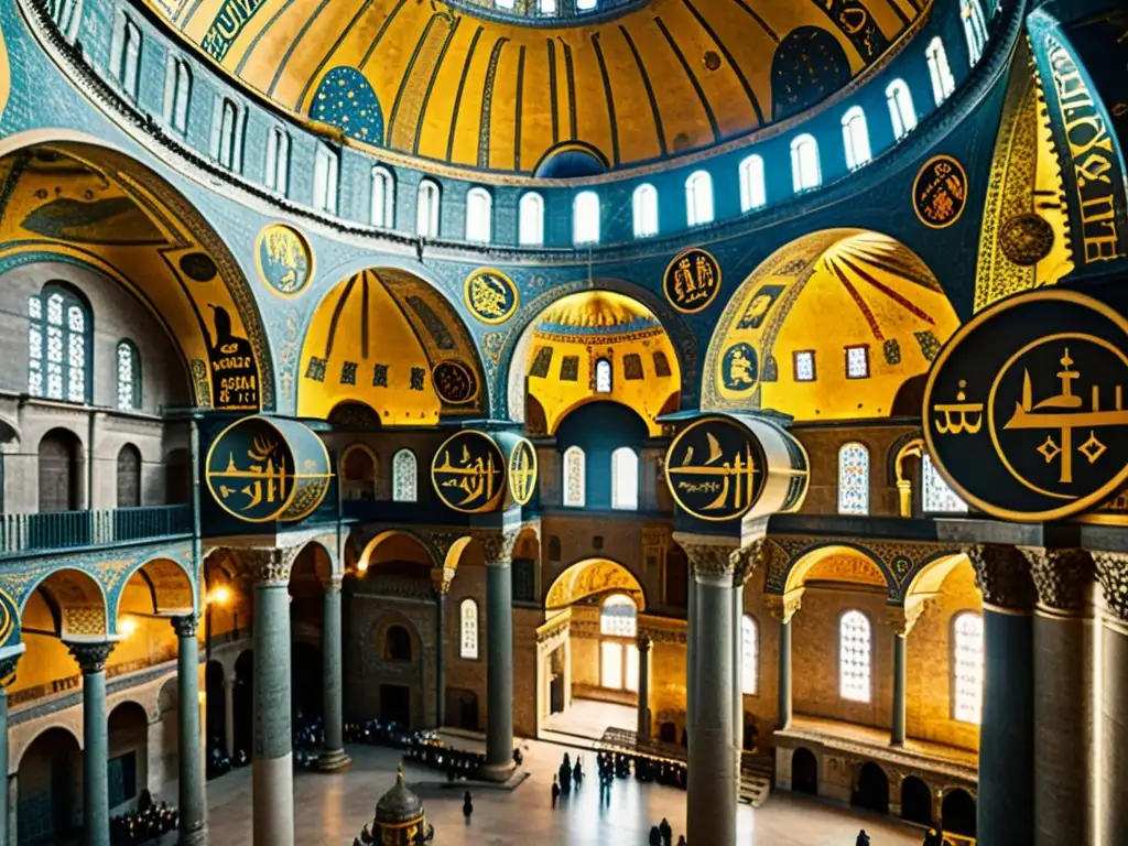 Una fotografía de alta resolución con estilo vintage del interior de la Hagia Sophia en Estambul, capturando la intrincada arquitectura bizantina e imágenes religiosas icónicas