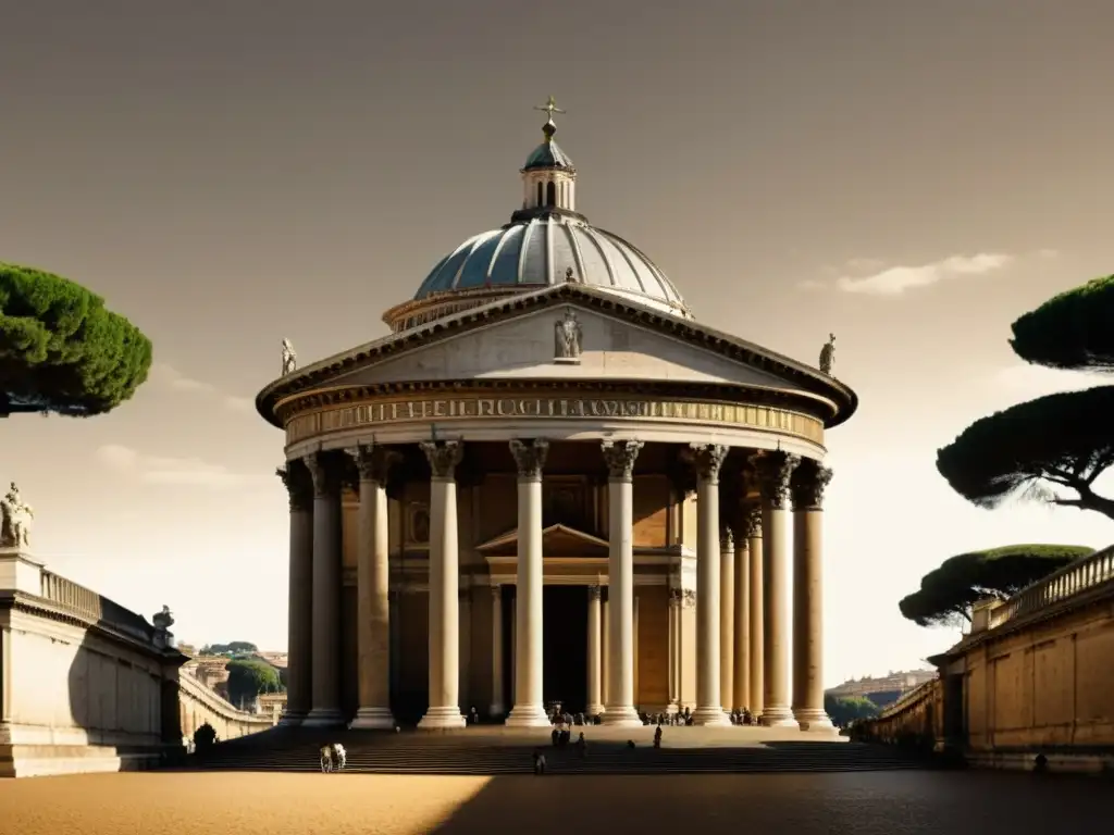 Una fotografía de alta resolución con estilo vintage del Tempietto en Roma, resaltando sus detalles arquitectónicos del Alto Renacimiento en tonos cálidos sepia