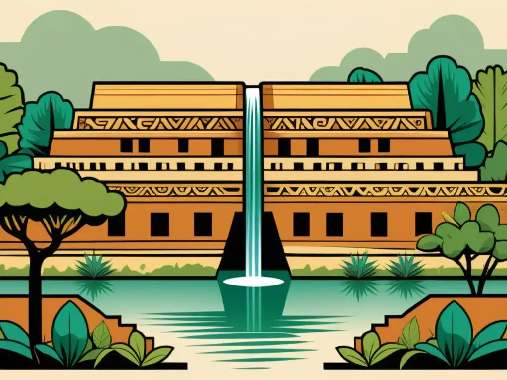 Ilustración vintage de una estructura arquitectónica maya con sistema de captación de aguas pluviales