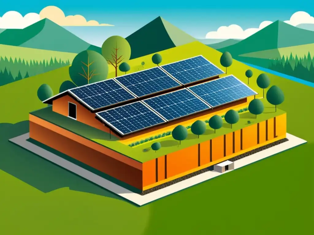 Una ilustración vintage de una estructura arquitectónica moderna integrada con sistemas de energía geotérmica