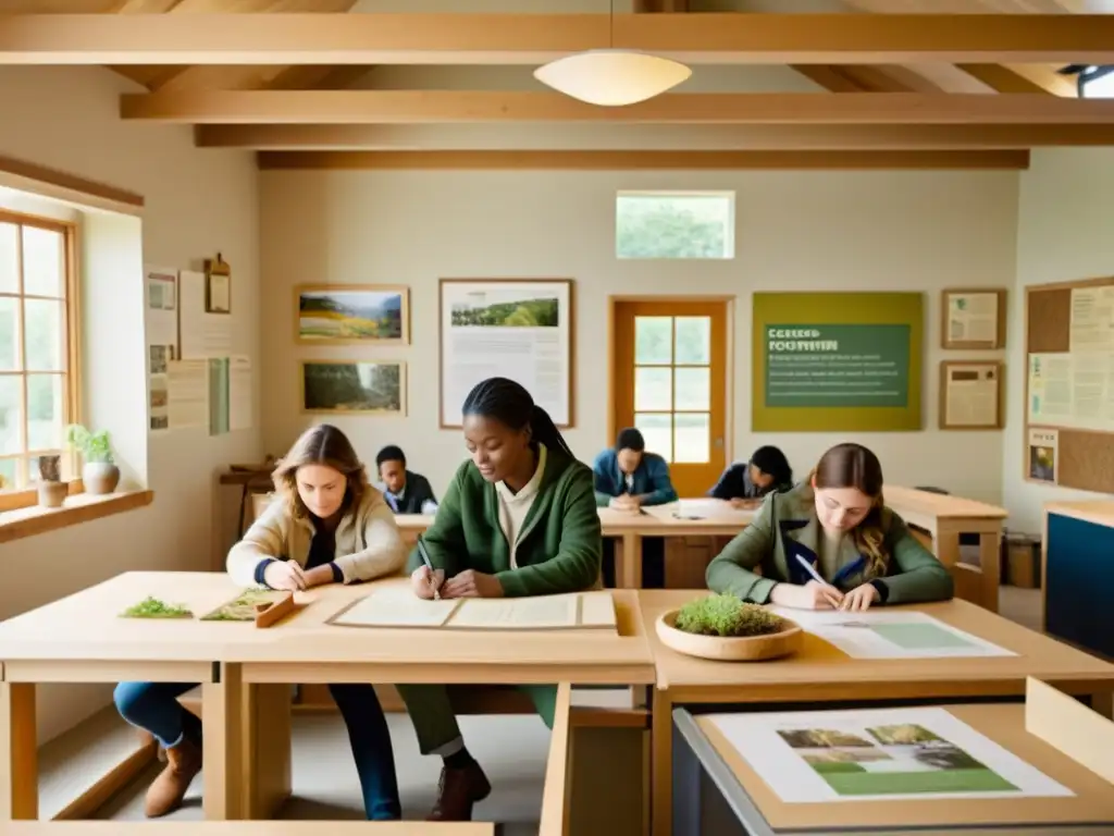 Estudiantes colaborando en un aula de diseño sostenible de arquitectura, rodeados de materiales naturales y posters vintage de conciencia ambiental