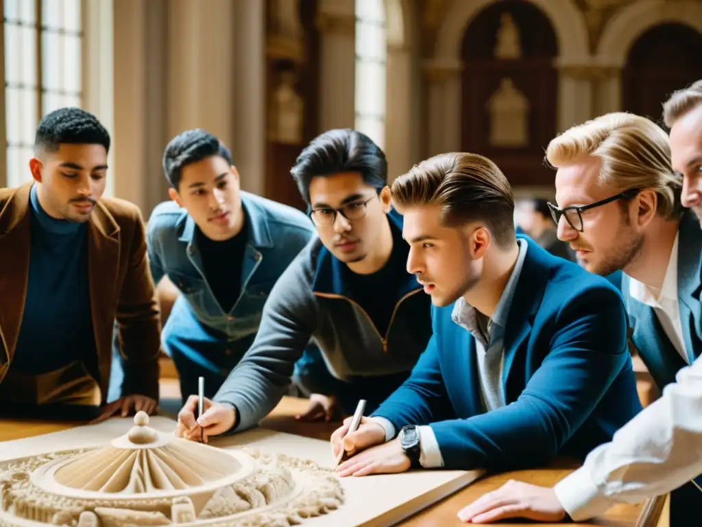 Maestro arquitecto y estudiantes exploran la arquitectura barroca Estudiantes y maestro de arquitectura barroca examinan planos y detalles en una majestuosa sala de clase