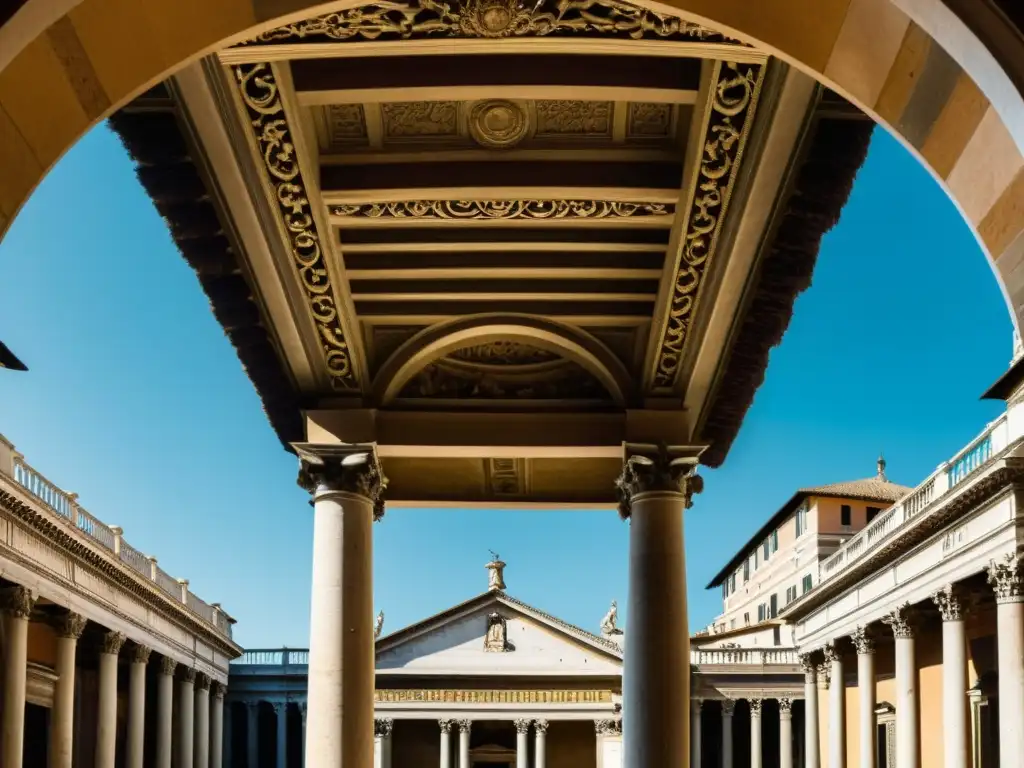 Estudio arquitectónico del Alto Renacimiento: Detalle del Tempietto en Roma, obra maestra de Donato Bramante, con columnas dóricas y cúpula ornamental