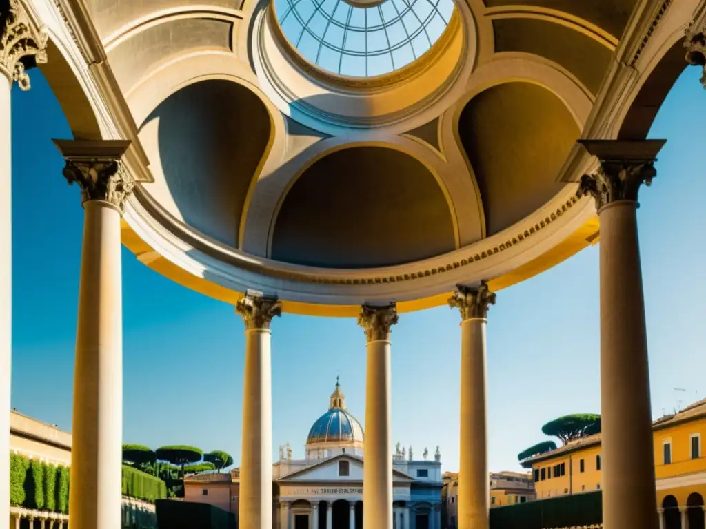 Estudio arquitectónico del Alto Renacimiento: Detalles renacentistas capturados en la fotografía vintage del Tempietto de Bramante en Roma, con juego de luces y sombras en las columnas de mármol