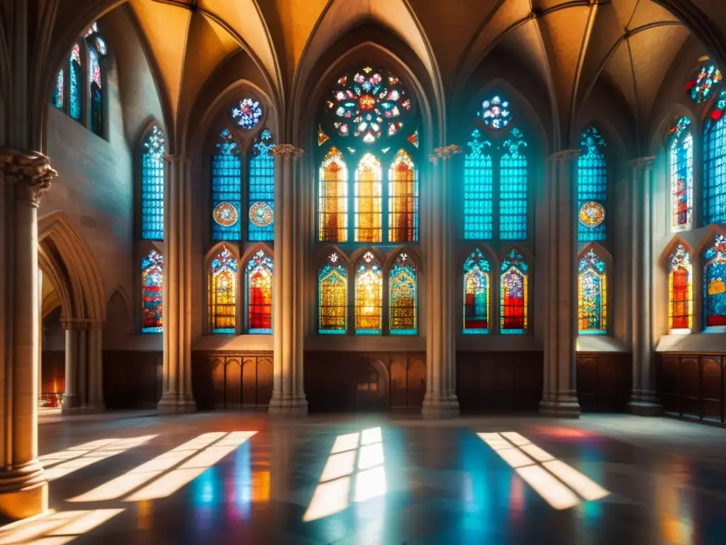 Estudio de iluminación en arquitectura gótica: luz solar atraviesa vidrieras, creando patrones coloridos en el interior de la catedral gótica