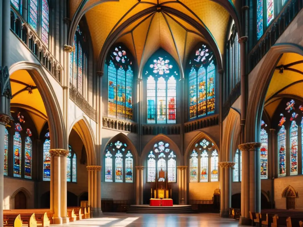 Estudio de iluminación en arquitectura gótica: luz solar llena la catedral, destacando sus detalles y atmósfera espiritual