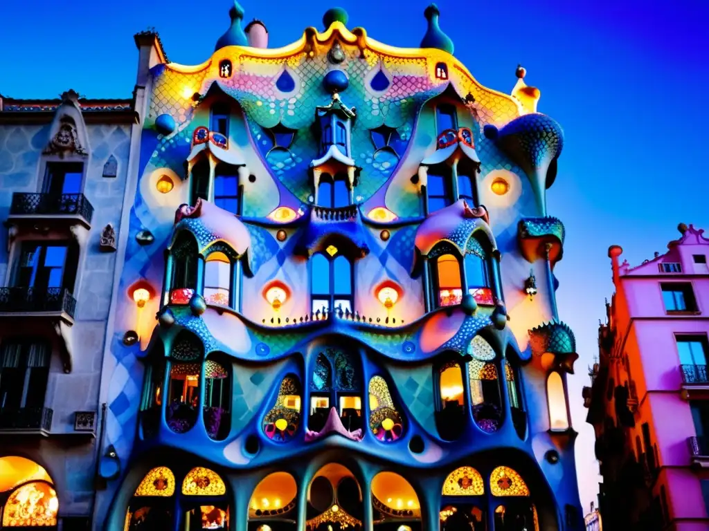 Experiencia arquitectónica hotel Casa Batlló: Fotografía vintage al anochecer, iluminando la fachada con luz dorada