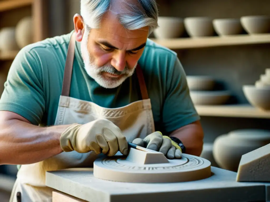 Un experto cantero románico esculpe con precisión, mostrando las técnicas escultóricas arquitectura románica en una imagen vintage de alta resolución