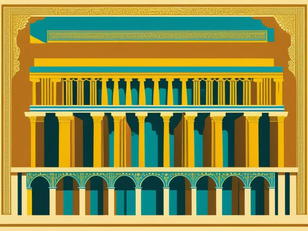 Exploración de la arquitectura antigua Persa en la ilustración vintage de Persepolis, evocando su esplendor y detallada artesanía en tonos cálidos