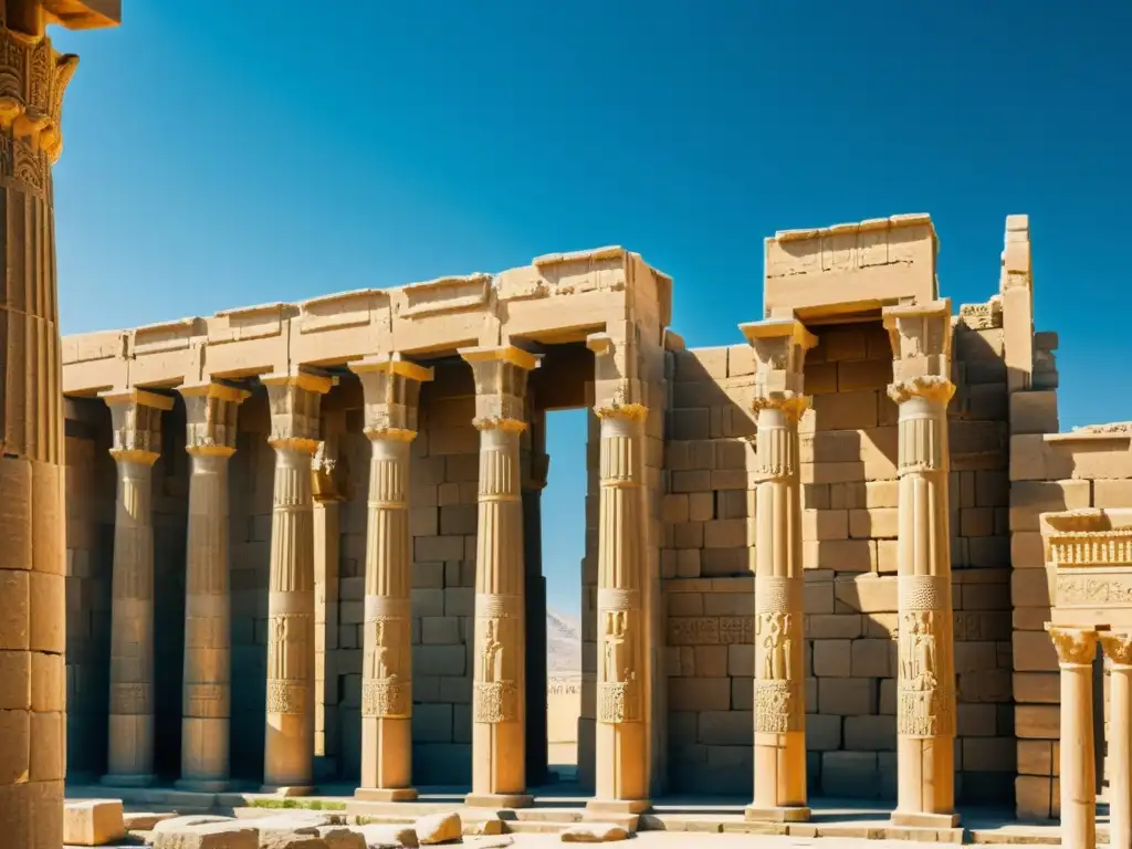 Exploración de la arquitectura antigua Persa en las ruinas de Persepolis, con columnas y muros tallados en piedra