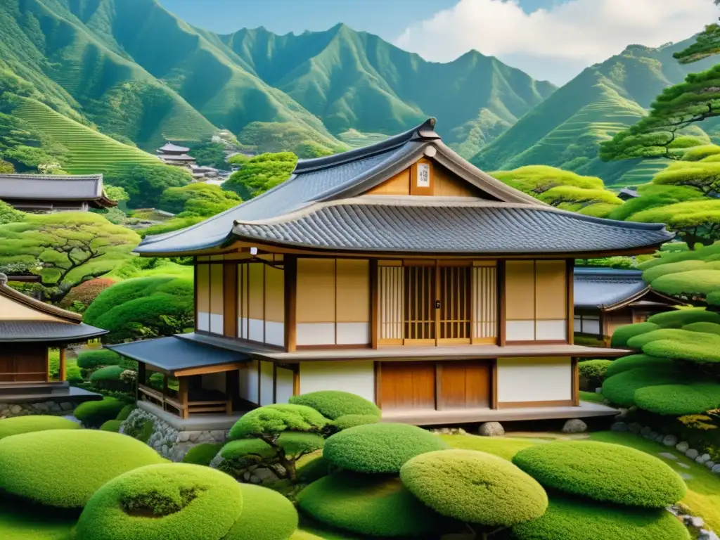 Exploración de la arquitectura de épocas históricas: Detalle de una casa minka japonesa entre montañas verdes y jardín sereno