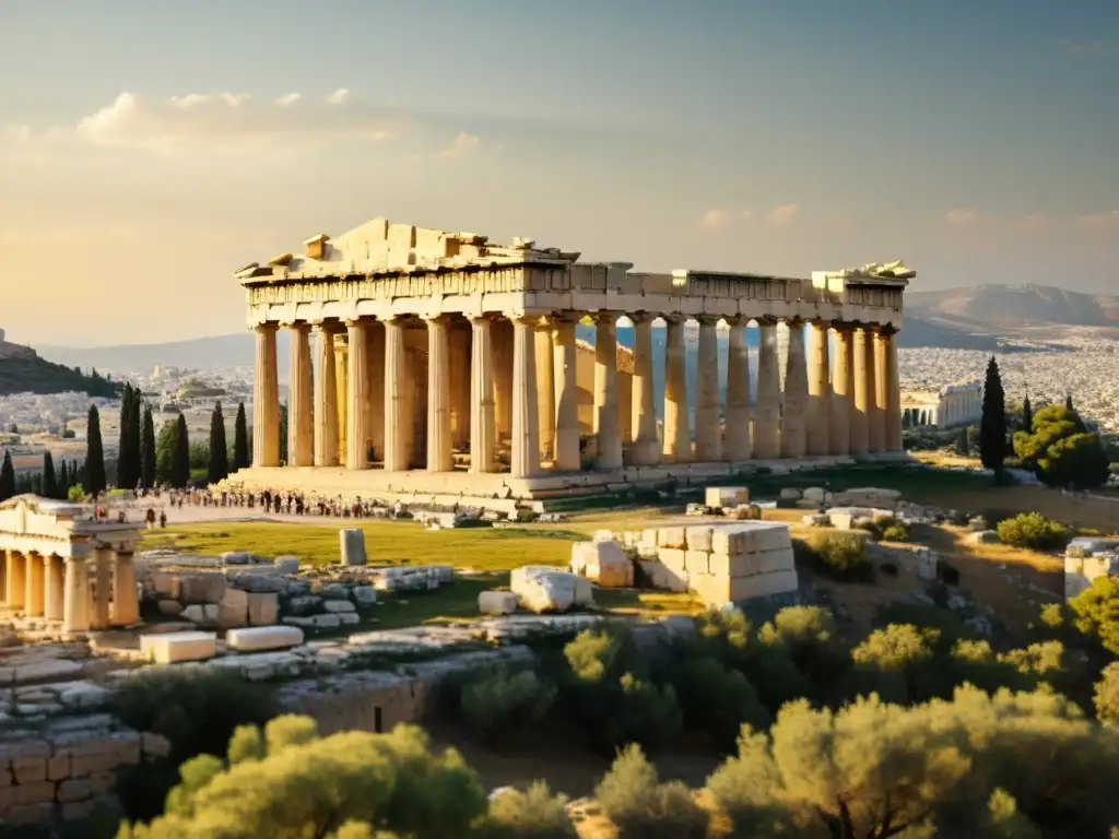 Exploración de la arquitectura en épocas históricas: El majestuoso Partenón bañado por la cálida luz del sol, rodeado de olivos y vistas a Atenas