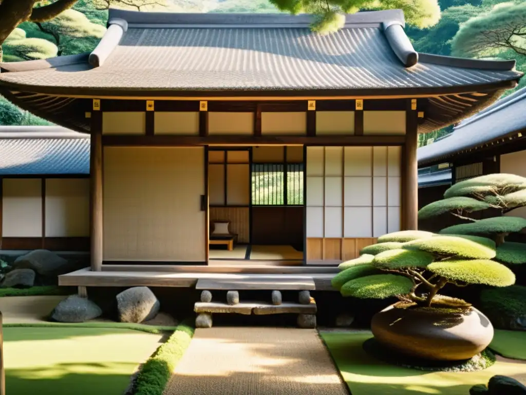 Exploración de la arquitectura de épocas históricas: Fotografía de alta resolución de una tradicional casa minka japonesa entre exuberante vegetación, con tejado de paja, vigas de madera y puertas de papel