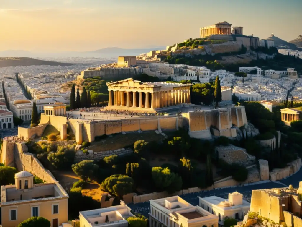 Exploración de épocas históricas: Acrópolis majestuosa se alza sobre Atenas, bañada en cálida luz dorada, evocando su impacto en la arquitectura