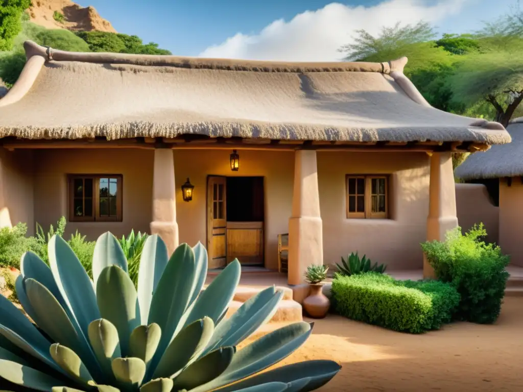 Exploración de materiales naturales en arquitectura sostenible: casa de adobe entre exuberante vegetación, cálida y armoniosa