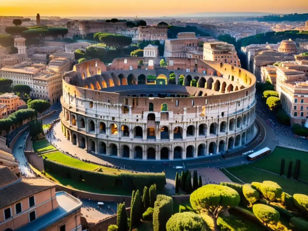 Exploración de tesoros arquitectónicos en Roma: el icónico Coliseo bañado por la cálida luz del atardecer, entre la moderna ciudad