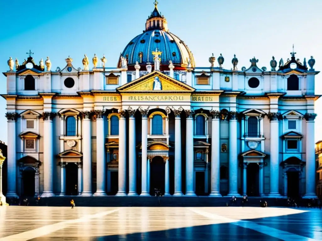 Exploración de los tesoros arquitectónicos de Roma en la impresionante fachada de la Basilica di San Pietro en la cálida luz de la mañana