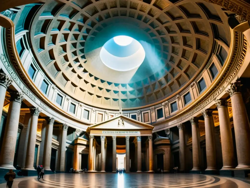 Exploración de tesoros arquitectónicos en Roma: Fotografía vintage de la majestuosa cúpula del Panteón, con visitantes admirando su belleza atemporal