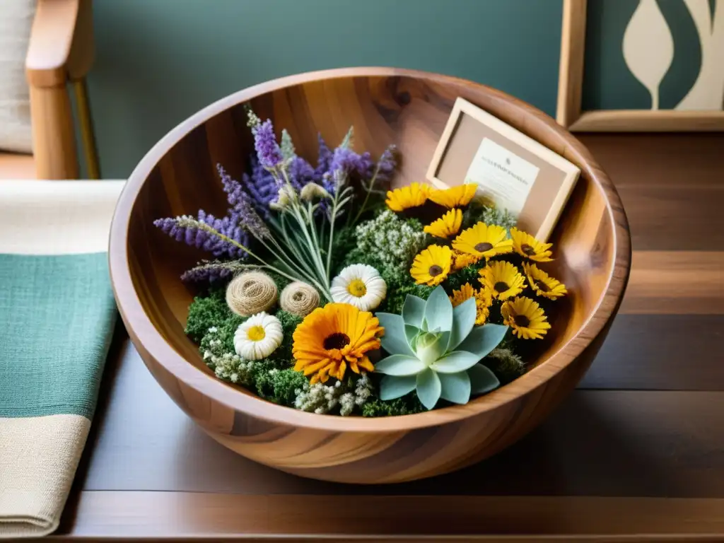 Una exquisita imagen de un tazón de madera ecofriendly, rodeado de productos artesanales sostenibles