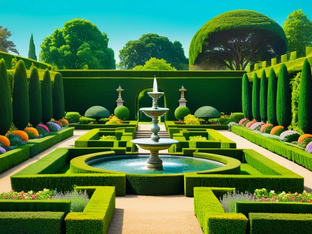 Un exquisito jardín renacentista con perspectiva y proporción, arreglos meticulosos y belleza serena