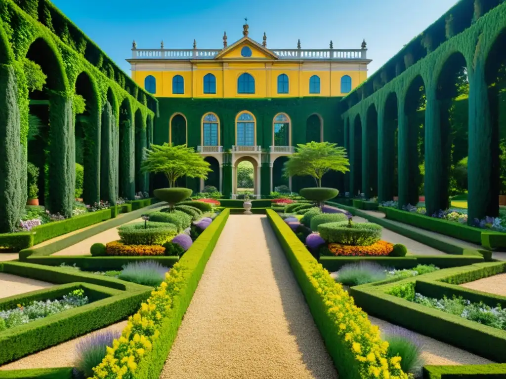 Un exquisito jardín renacentista con diseño botánico, senderos intrincados y plantas vibrantes que realzan la arquitectura