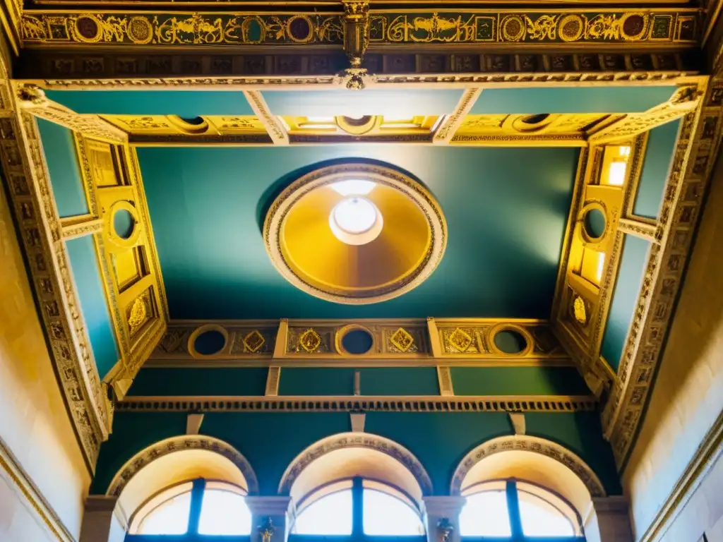 Esplendor renacentista: Techo del Palazzo Vecchio en Florencia Exquisito techo del Palazzo Vecchio en Florencia, con detalles dorados y frescos coloridos iluminados por la suave luz natural