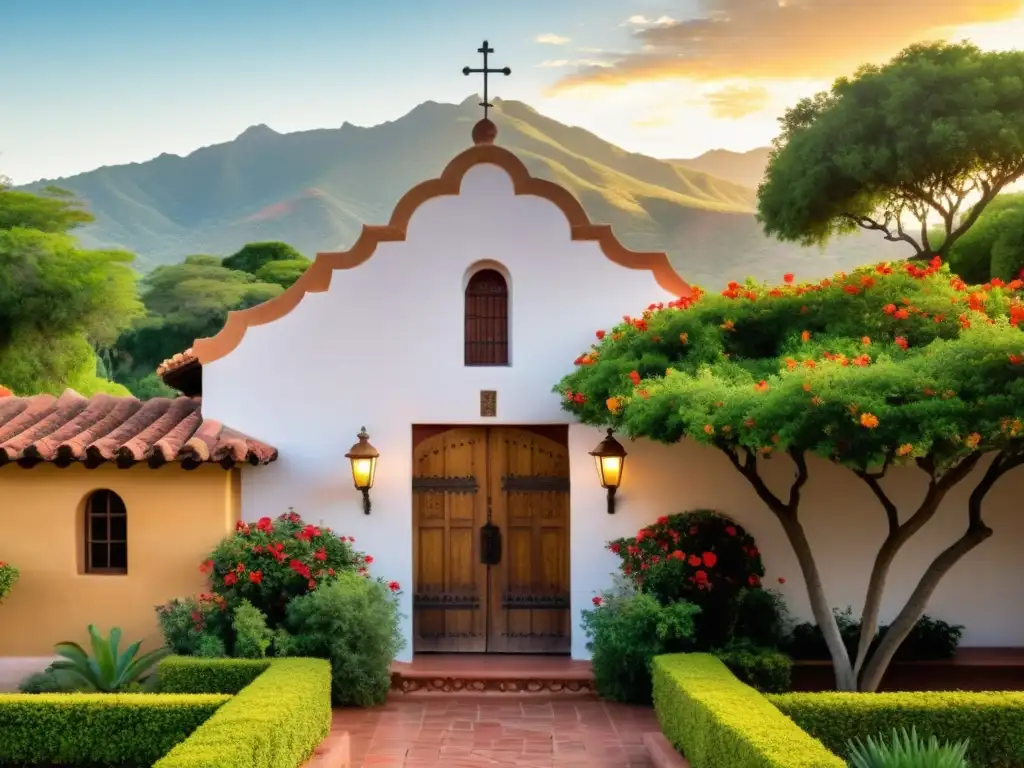 Exterior de iglesia colonial en América Latina con detalles de adobe, tejas rojas y puerta de madera