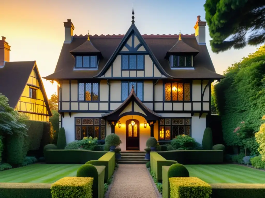 Exterior de casa Tudor con jardines exuberantes y luz dorada al atardecer