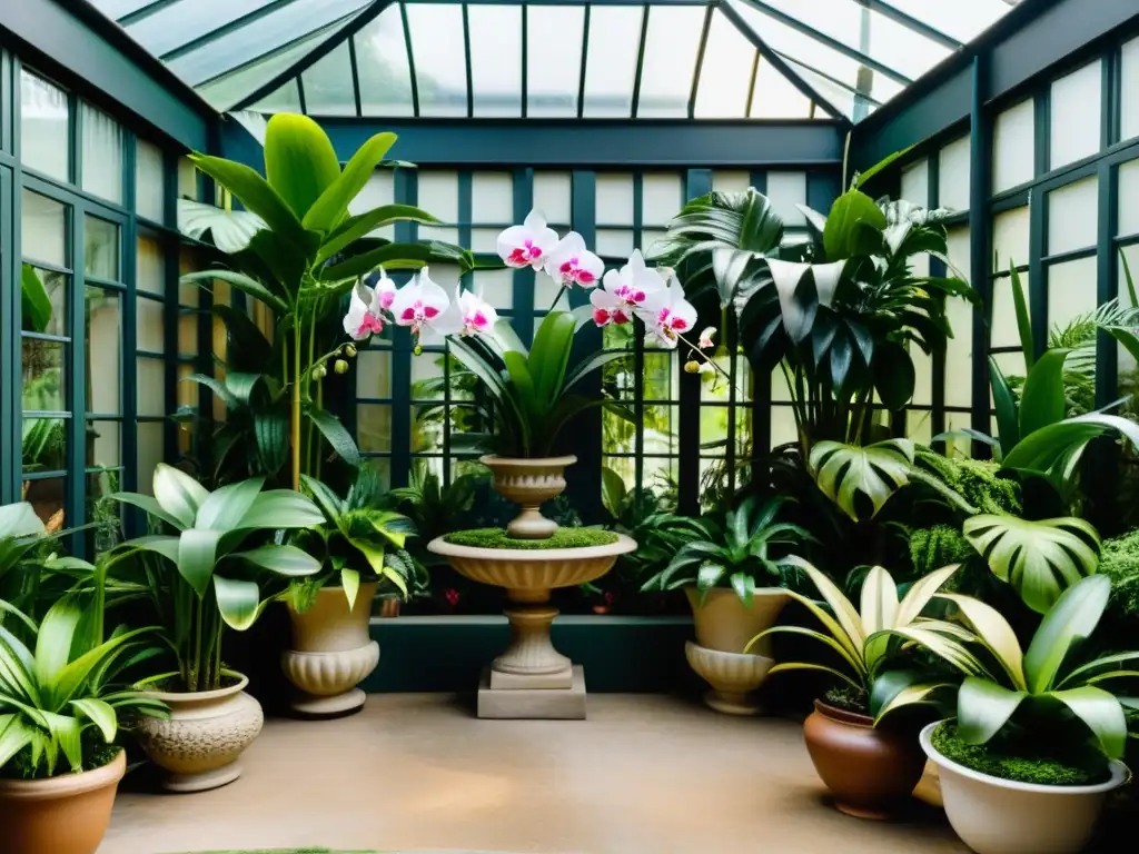 Un jardín interior exuberante de alta gama con plantas de lujo, en un invernadero vintage bañado por la luz del sol