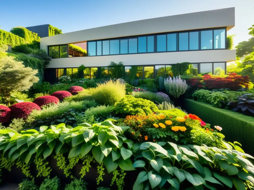 Un jardín exuberante en la azotea de un edificio de arquitectura sostenible, evocando bienestar y tranquilidad con su belleza natural