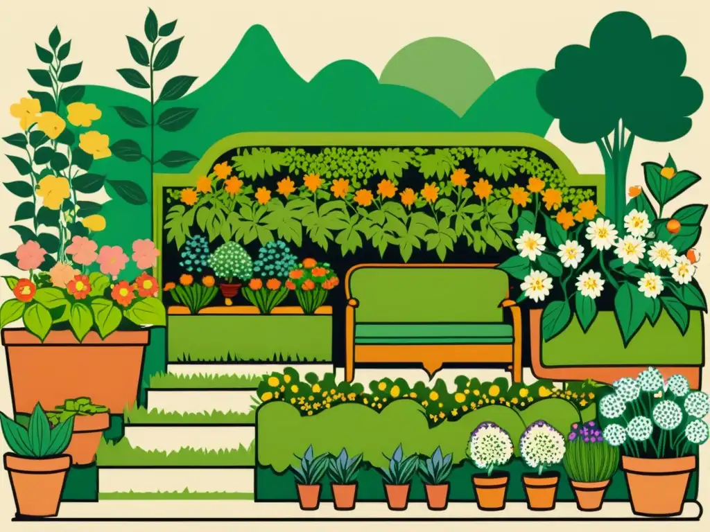 Un jardín exuberante en la azotea con flores vibrantes y árboles