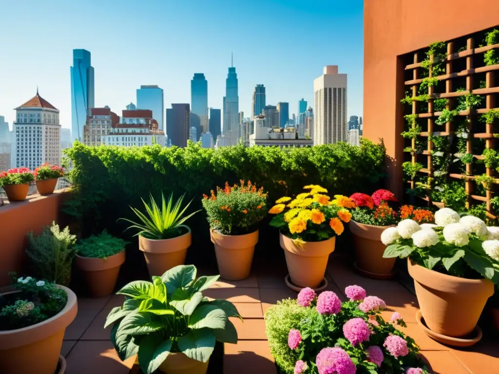 Un exuberante jardín en la azotea de un rascacielos, con flores vibrantes y plantas, creando un oasis sereno