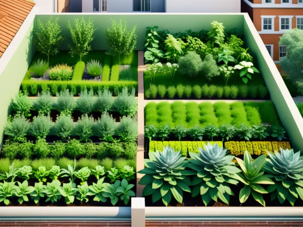 Un exuberante jardín en la azotea con sistemas de riego, arquitectura y plantas diversas