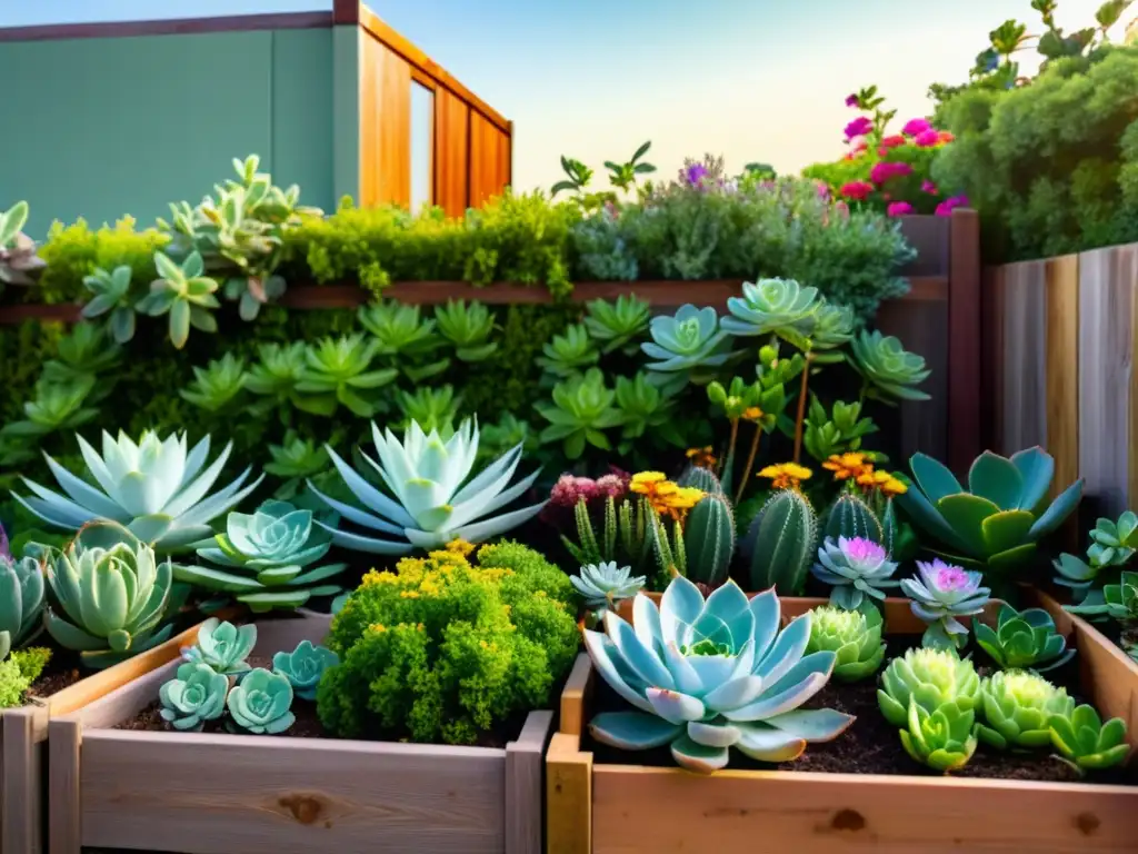 Un exuberante jardín en la azotea, con una variedad de plantas y un ambiente sereno que crea un oasis ecológico en la ciudad