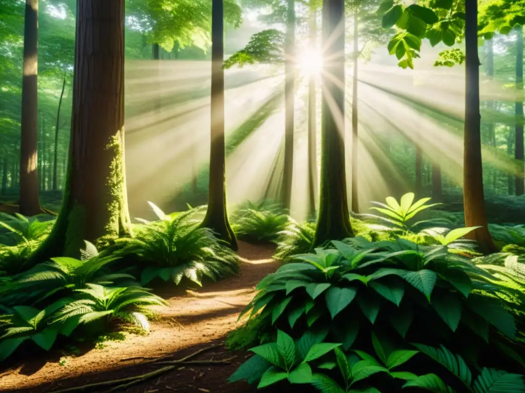 Exuberante bosque con luz solar entre las hojas verdes