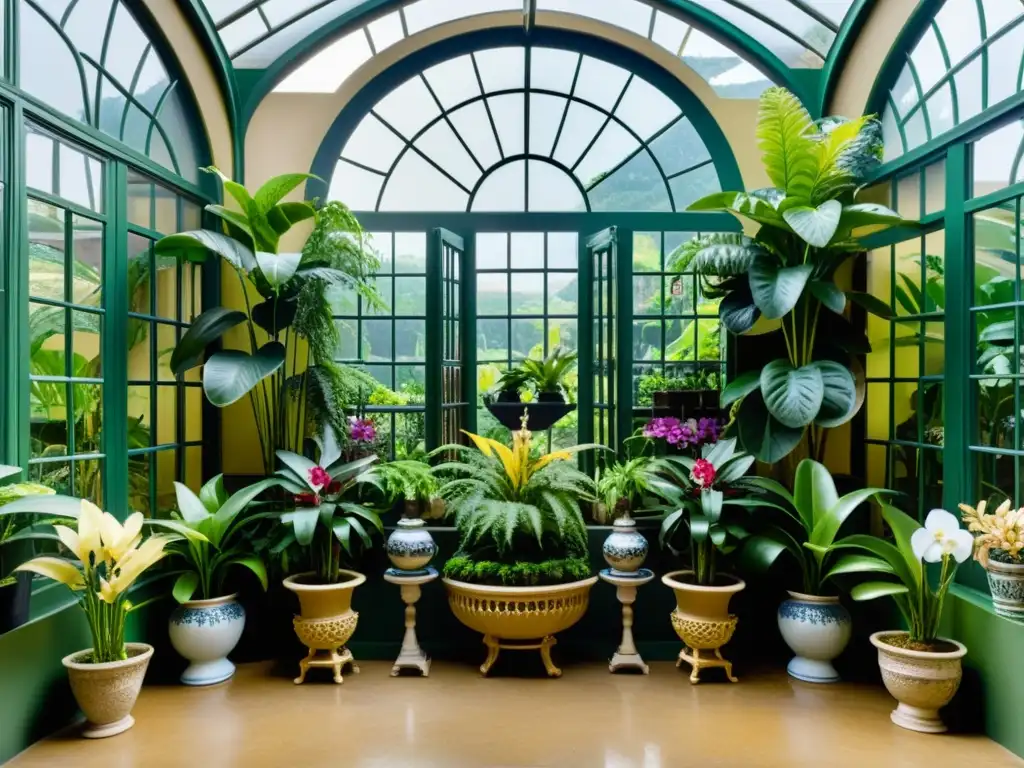 Una exuberante escena de jardín interior de alta gama con plantas lujosas en un elegante invernadero vintage, evocando sofisticación atemporal