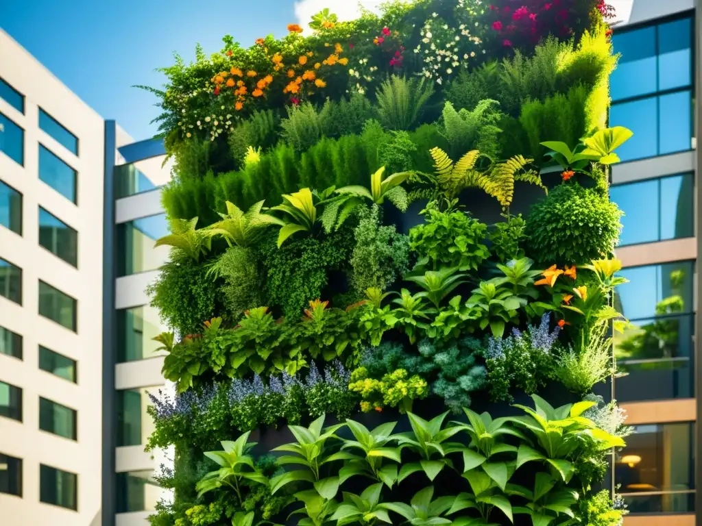 Un exuberante jardín vertical adorna un edificio urbano, creando un oasis tranquilo