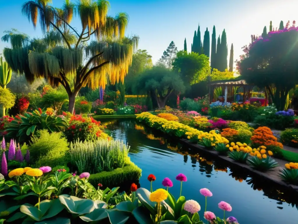 Jardín exuberante y vibrante en Xochimilco, México, con diseño paisajístico, flores nativas coloridas y vida silvestre