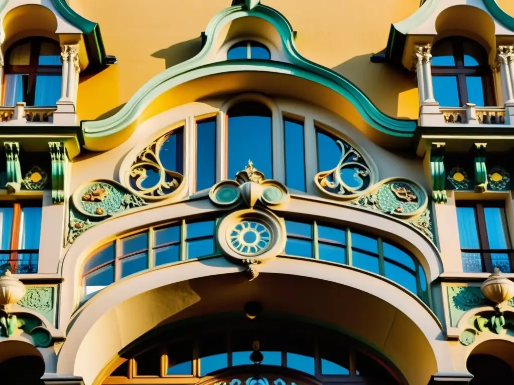 La fachada curva y detallada de la Casa Municipal de Praga, capturada al atardecer dorado, resalta la elegancia del estilo Art Nouveau