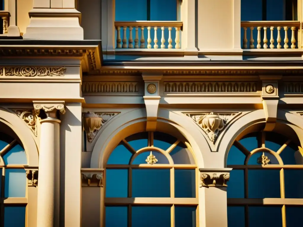 'Fachada histórica con detalles arquitectónicos, bañada en cálida luz solar