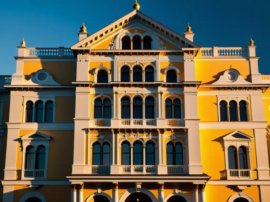 La fachada iluminada de un majestuoso edificio histórico al atardecer, resaltando la importancia de la iluminación en la arquitectura histórica