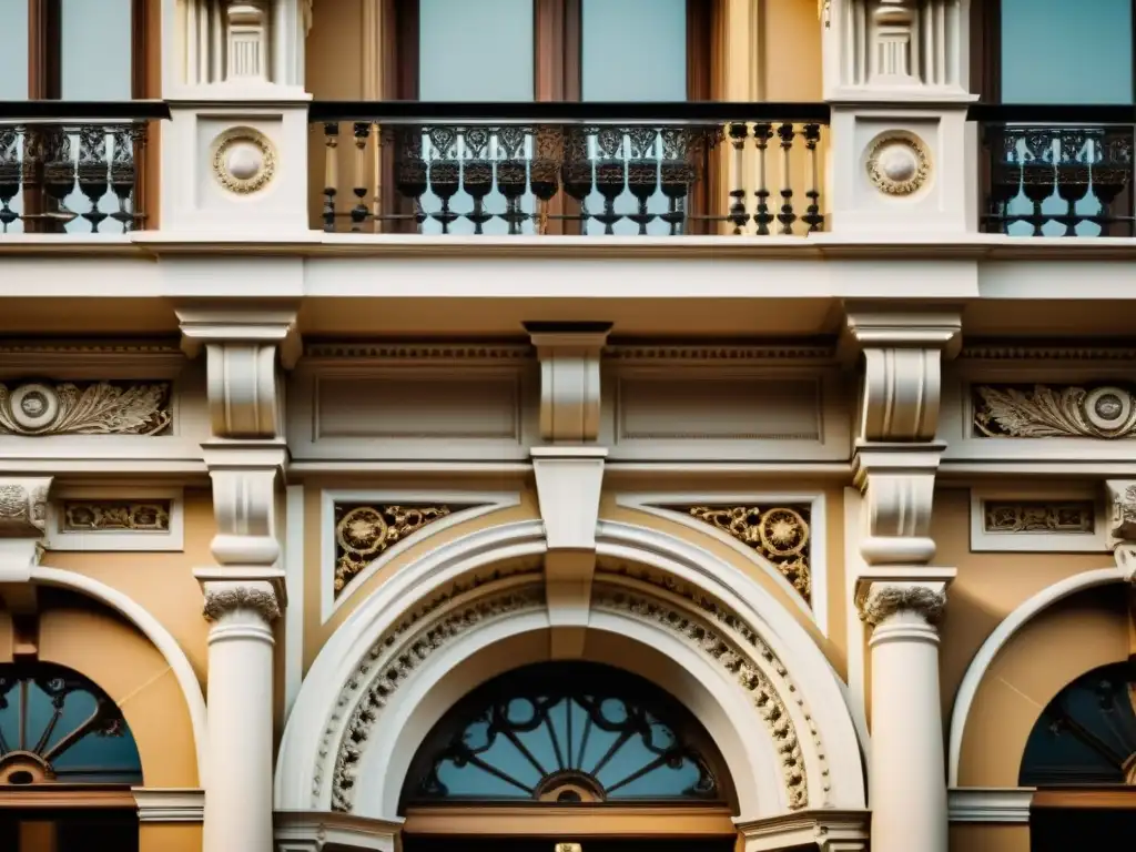 Una fotografía vintage de una fachada ornamental con detalles arquitectónicos elaborados, exudando grandiosidad y encanto histórico