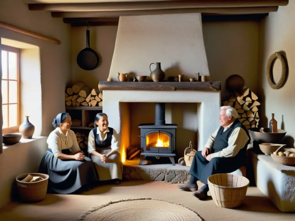 Una familia se reúne alrededor de la cálida chimenea en épocas históricas, evocando la calefacción sostenible de biomasa