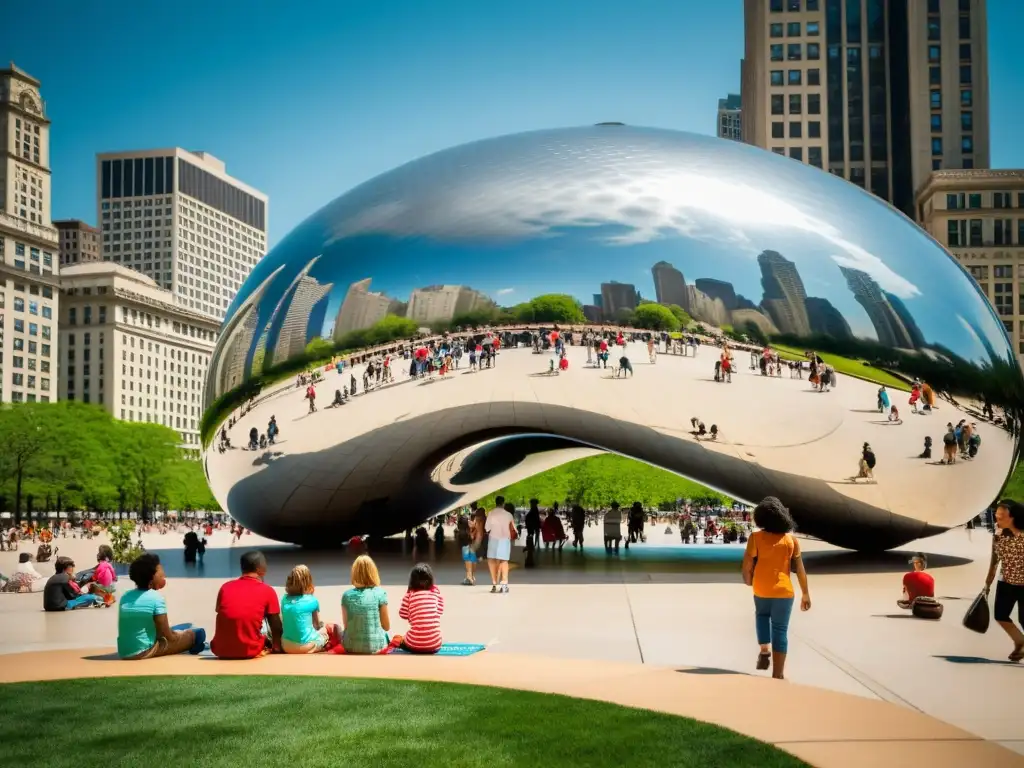 Familias disfrutando de un día soleado en el Parque Millennium en Chicago, con la escultura Cloud Gate en el fondo