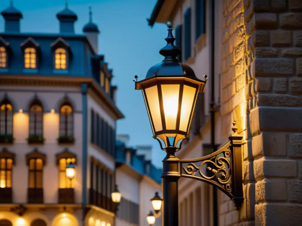 Una farola vintage ilumina una calle empedrada, rodeada de edificios antiguos con detalles arquitectónicos