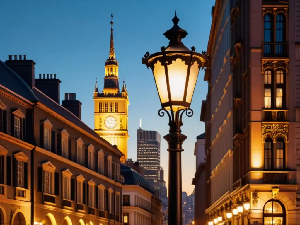 Una farola vintage ilumina una ciudad nocturna, creando una atmósfera nostálgica